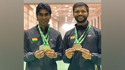Pramod Bhagat, Sukant Kadam after winning medals in Brazil Para-Badminton International.
