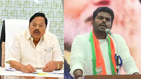 (L to R) Minister Duraimurugan; BJP's Tamil Nadu chief K Annamalai