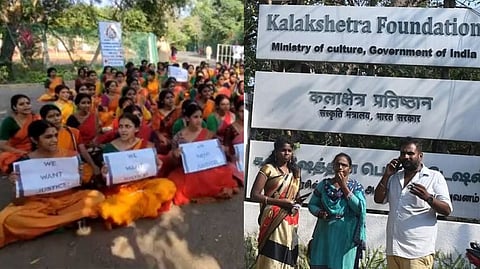 Students stage a protest in Kalakshetra (left); Kalakshetra Foundation