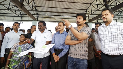 Udhayanidhi Stalin inspects site for setting up 'global sports city' in Semmanchery.