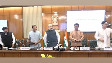 Assam CM Himanta Biswa Sarma, Union Home Minister Amit Shah, Arunachal Pradesh CM Prema Khandu