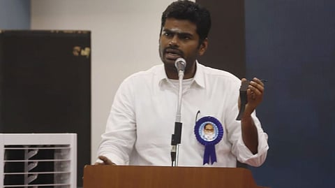 Annamalai addressing the gathering on the release event of "DMK Files"