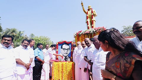 Chief Minister M K Stalin accompanied by his cabinet ministers and senior party leaders paid their respects to Ambedkar.