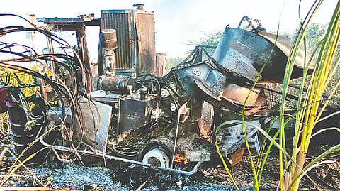 Cane harvesting machine was totally gutted in a fire accident near Panapakkam
