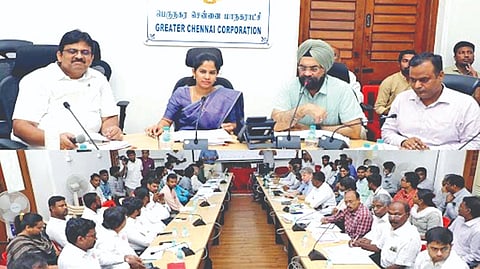 Mayor R Priya at the GCC review meeting on Saturday