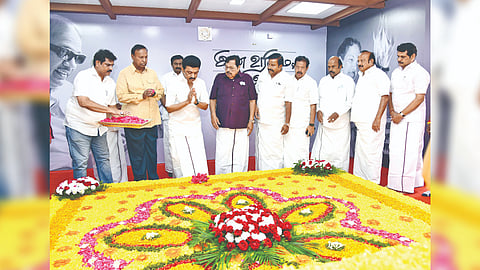 Chief Minister MK Stalin pays floral tributes to former CM M Karunanidhi on the final day of the Assembly session