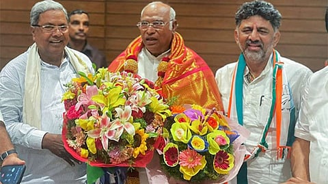 Former Karnataka CM Siddaramaiah, Congress president Mallikarjun Kharge, Karnataka Congress chief DK Shivakumar