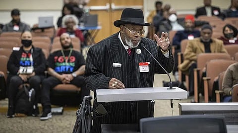 Bishop Henry C. Williams, of Oakland, testifies during the Reparations Task Force meeting in Sacramento, Calif., Wednesday, March 29, 2023