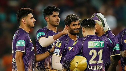 KKR players celebrate as Anukul Roy dismissed Harry Brook