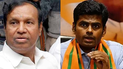 (L)Dravida Munnetra Kazhagam MP and Treasurer TR Baalu ; BJP state president K Annamalai (R)