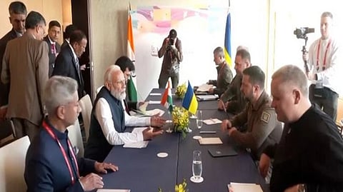 Prime Minister Narendra Modi in conversation with Ukrainian President Volodymyr Zelenskyy.