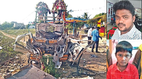 The gutted vehicle; Deceased -- R Ragavendran (above), A Akash