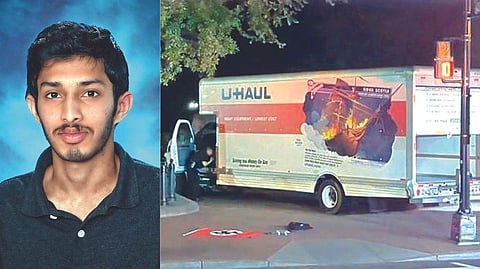 Kandula (left); The rented truck that the teen drove to ram the barrier