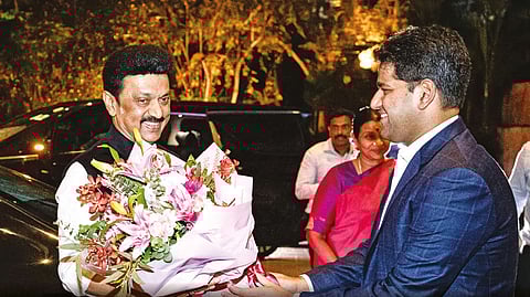 Chief Minister MK Stalin being welcomed after reaching
Singapore on Tuesday as part of a two-nation tour