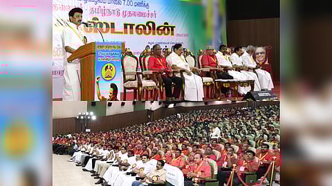 Chief Minister MK Stalin speaks in the Labour Progressive Federation's golden jubilee conference at Chepauk