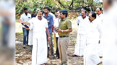 Minister KN Nehru visiting proposed site in Srirangam on Tuesday