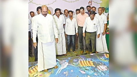 Ministers EV Velu and P Moorthy inspecting works at Kalaignar memorial library in Madurai on Sunday