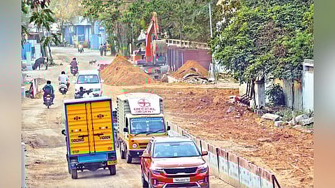 Chennai Metro Rail Limited construction works at Assisi Nagar in Madhavaram has turned the road into a dirt track