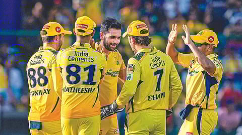 CSK celebrates the wicket of Phil Salt.