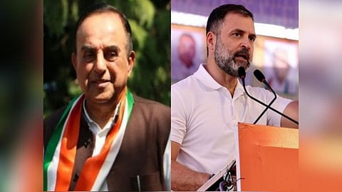 BJP leader Subramanian Swamy (left) and Congress leader Rahul Gandhi (right)