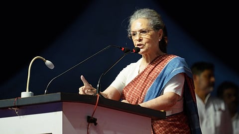 Sonia Gandhi during public meeting in Hubbali on May 6.