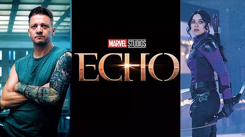 (L to R) Jeremy Renner, Poster of 'Echo', Hailee Steinfeld.