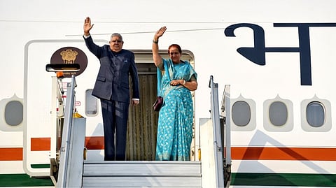 Vice President Jagdeep Dhankhar and his Spouse Dr Sudesh Dhankhar leave for UK visit.