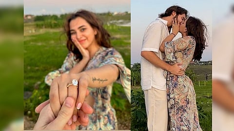 (L-R): Aaliyah showing her engagement ring; Aaliyah  kissing Shane Gregoire