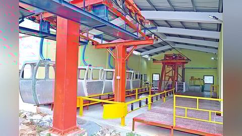 Works on at the rope car shed in Sholingur on Monday.