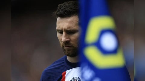 PSG's Lionel Messi reacts during the French League One soccer match between Paris Saint-Germain and Lorient, at the Parc des Princes stadium in Paris, Sunday, April 30, 2023