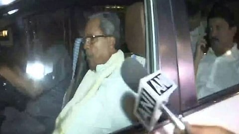 Siddaramaiah leaves Delhi's Lodhi Hotel after meeting AICC leadership.