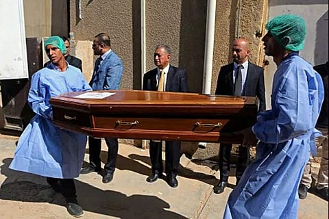 Casket holding one of 38 Indians abducted by the IS group in 2014, that were found in a mass grave
