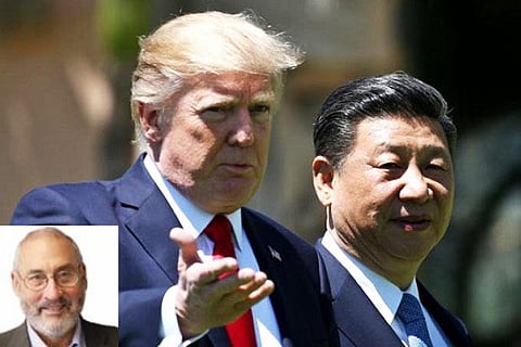 US President Donald Trump with Chinese President Xi Jinping; (Inset) Joseph E Stiglitz