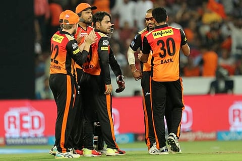 Rashid Khan of Sunrisers Hyderabad celebrates wicket of Karun Nair of Kings XI Punjab
