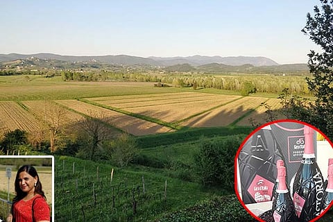 Photo of vineyards in Italy; Insert: (L) Gargi Guha and (R) bottle of wine