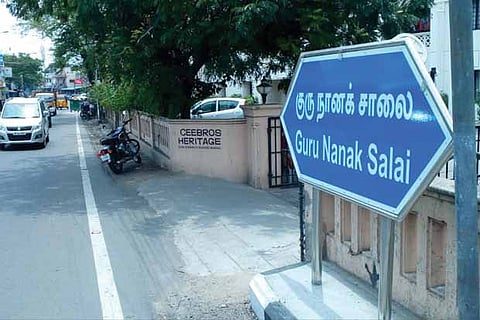 Signboard showing new name of the stretch between Guru Nanak College and Vijayanagar Bus Stand