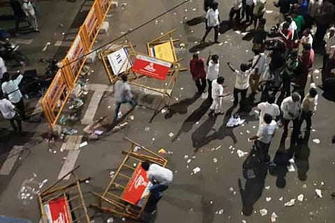 People protesting outside KauveryHospital in Chennai demanding allotment of land at Anna square