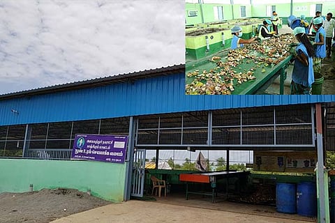 Workers busy at a micro composting unit at Poonamallee and (inset) another at Anakaputhur