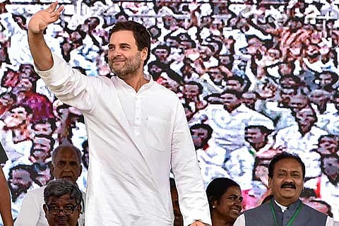 AICC President Rahul Gandhi waves at his supporters during a public meeting in Hyderabad