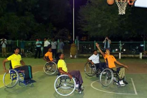 Patients engaged in friendly wheel chair basket ball match at CMC grounds, Vellore
