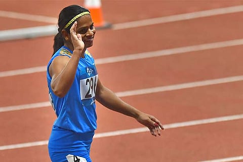 Indian athlete Dutee Chand during the women's 100m semifinal track event at 18th Asian Games 2018