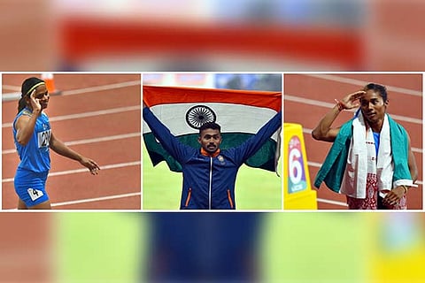 (L to R) Dutee Chand, Muhammed Anas and Hima Das