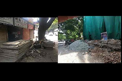construction debris and waste materials dumped by shop owners on roads