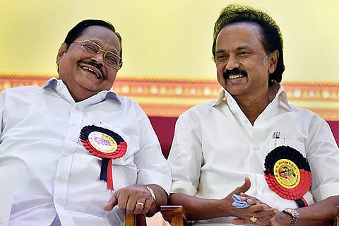 DMK President MK Stalin with party's treasurer Duraimurugan during the DMK General Council Meeting