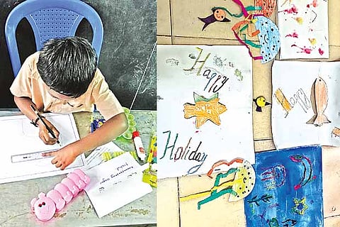 A student working on an art project at the Art Lab (L); Some of the art works by special children