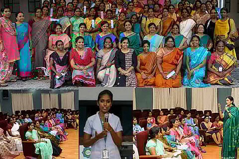 Group photo at the workshop, Ranjini Manian, nurse and woman police officer addressing work-life balance
