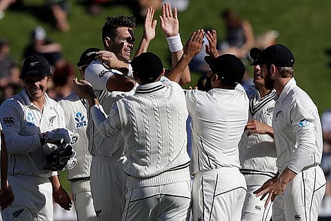 New Zealand?s Tim Southee is congratulated after taking a Sri Lanka wicket in the second innings