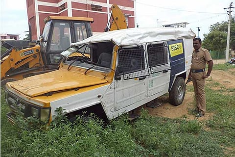 The ATM van, which the staff claimed to have  overturned in Ramanathapuram