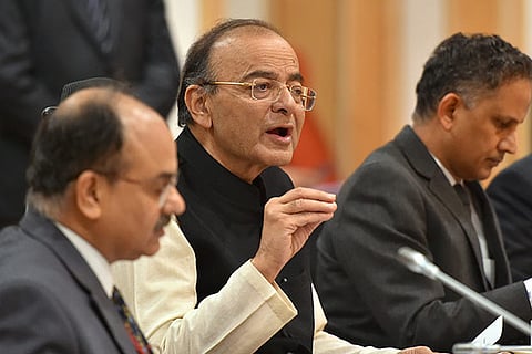 Union Finance Minister Arun Jaitley addresses a press conference after GST Council meeting