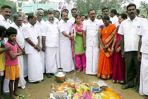 Minister for School Education KA Sengottaiyan at a ?bhoomi pooja? function for road works in Erode district